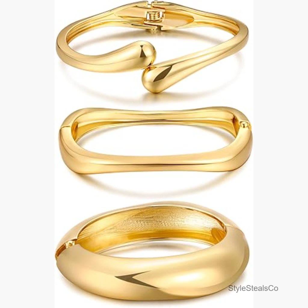 Chunky Gold Plated Bangle Bracelets Stackable Set Statement Cuff
